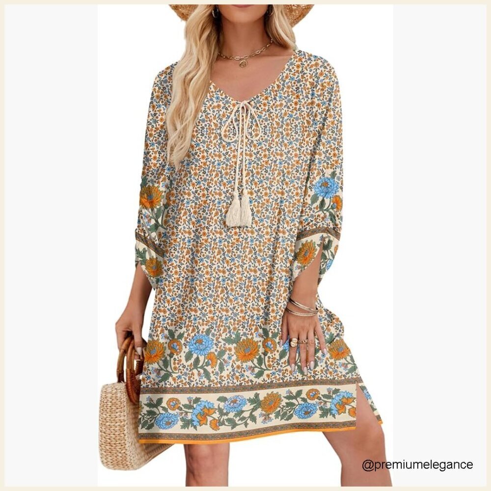 Rayon Boho Mini Dress with 3/4 Sleeves and Tassel Tie Neck
